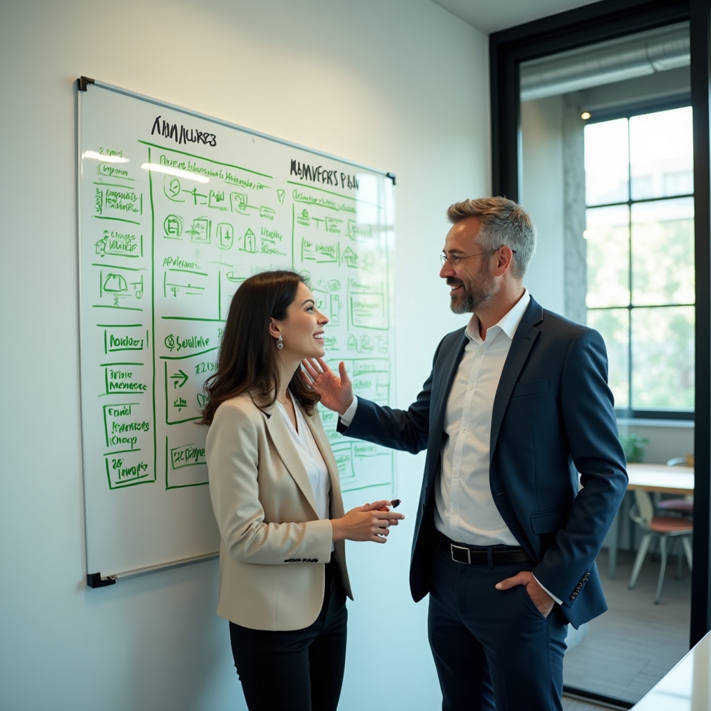 Sesión de diseño de planes flexibles de uso para coworking con esquemas sobre una mesa