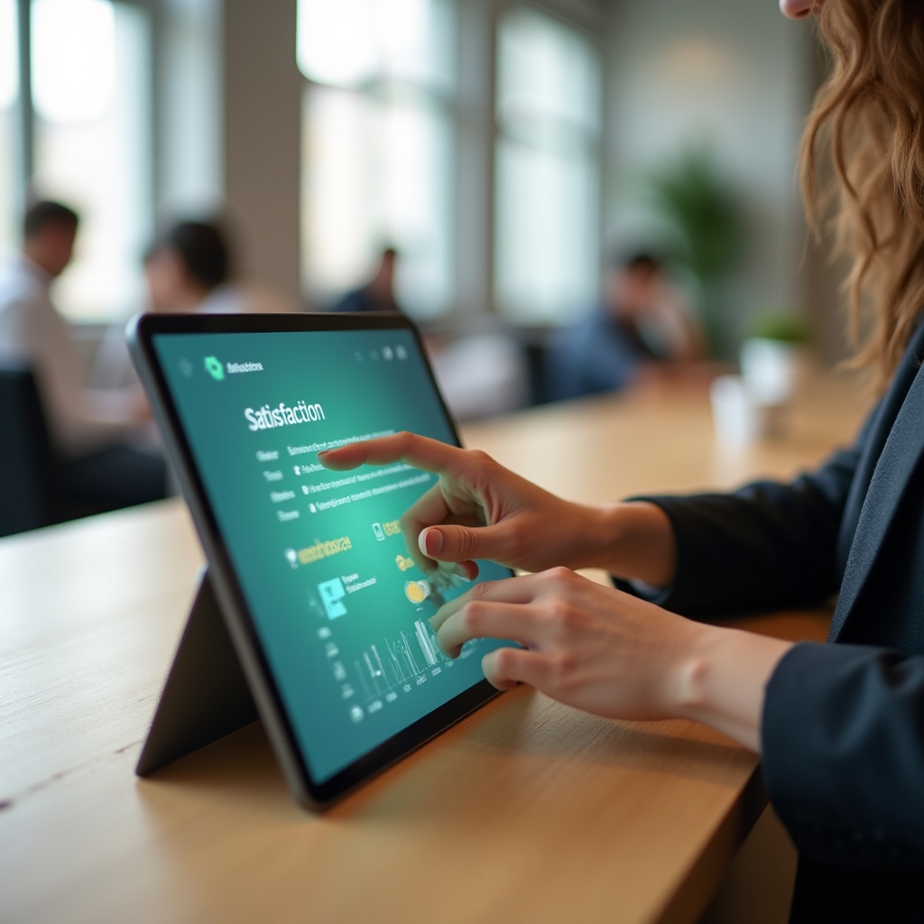 Panel de satisfacción de miembros de coworking mostrado en una tablet sobre un escritorio