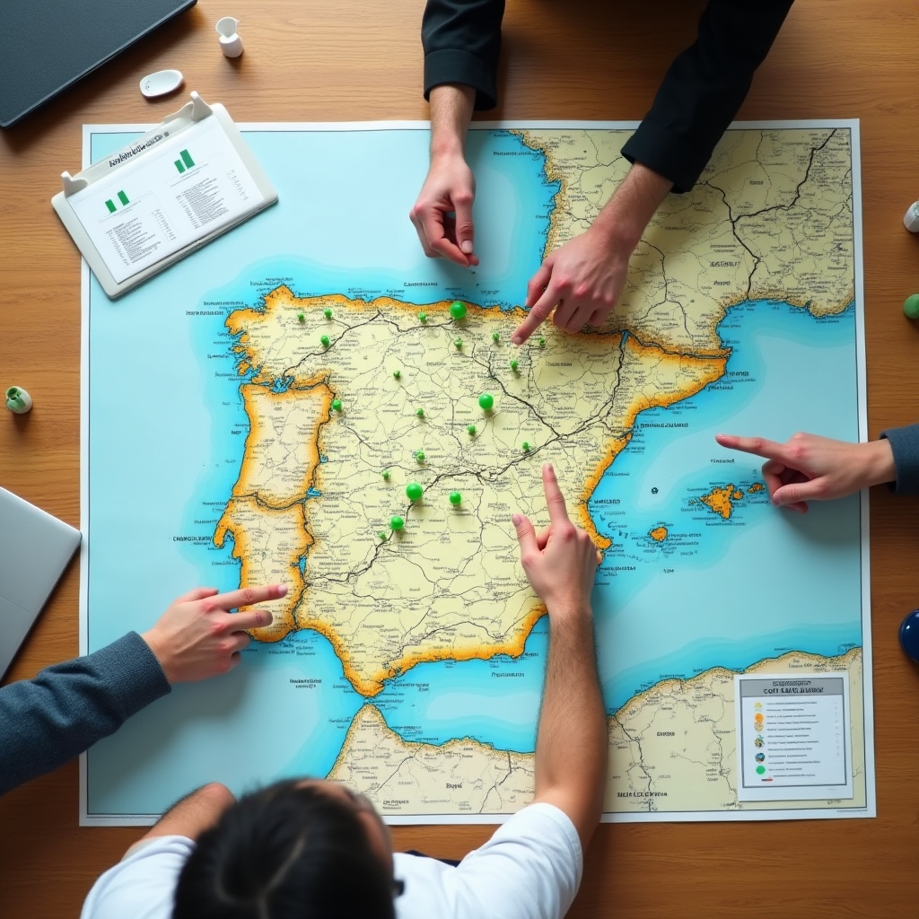 Mapa de trabajo señalando zonas de España donde opera la consultoría de coworking