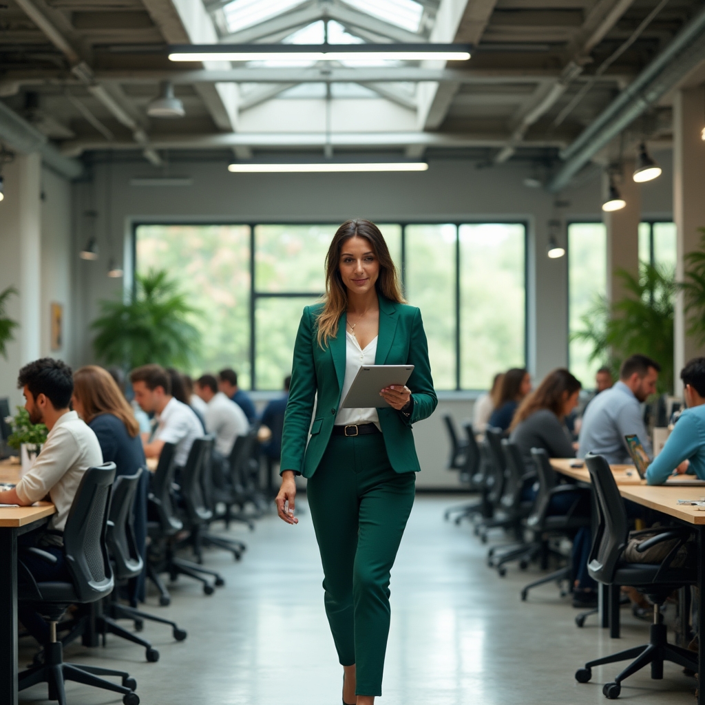 Consultora recorriendo un espacio de coworking observando el uso real de las salas